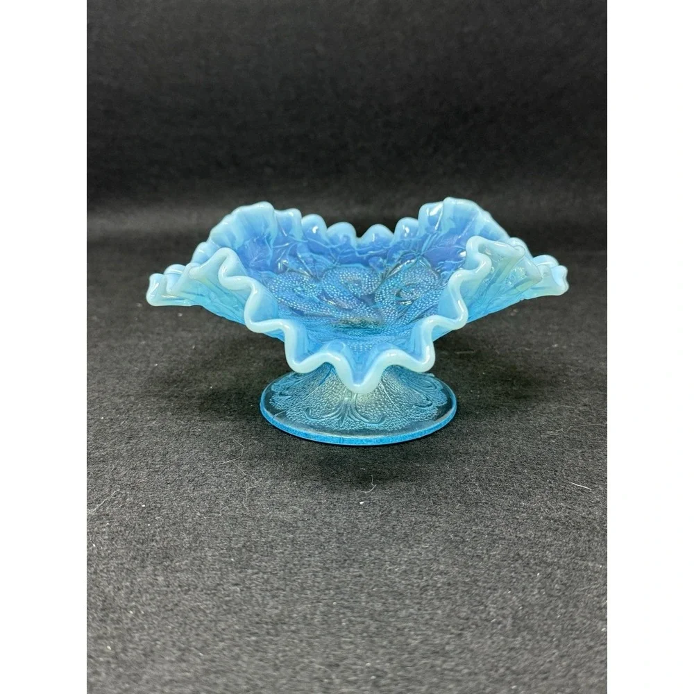 Dugan Blue Opalescent Question Marks Pedestal Bowl Carnival Glass Vintage